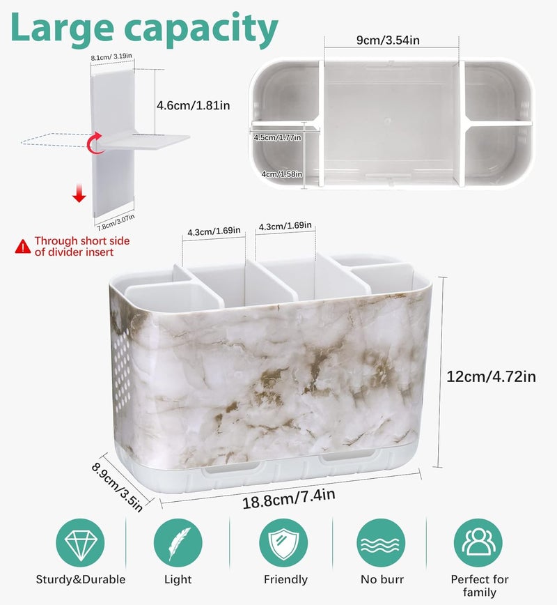 Boperzi Electric Toothbrush Holder for Bathroom Organizer Countertop, Detachable Anti-Slip Toothpaste Storage Caddy 6 Slots White Marble with Drainage Holes for Makeup Brush Razor Stand - Image 5